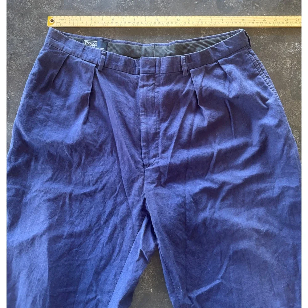 Polo Ralph Lauren Mens 38x26 Navy Blue Pleated Linen Cotton Blend Trousers Pants